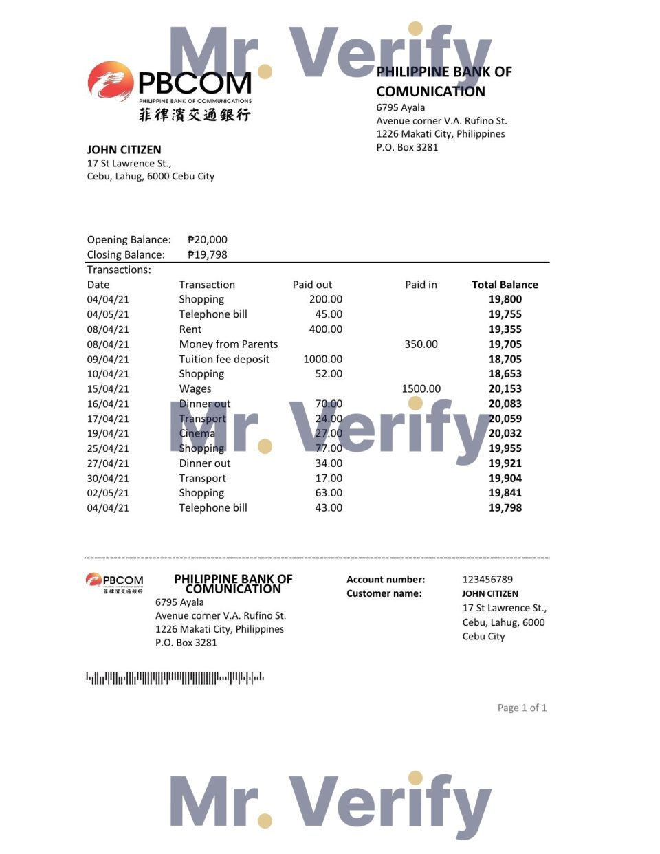 Philippines Bank of Communications bank statement easy to fill template in .xls and .pdf file format