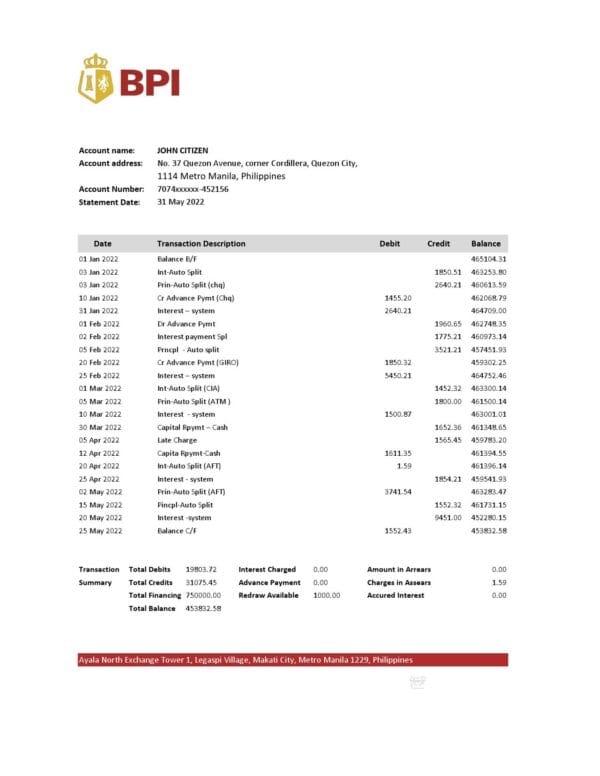 Philippines Bank of the Philippine Islands bank statement Excel and PDF template