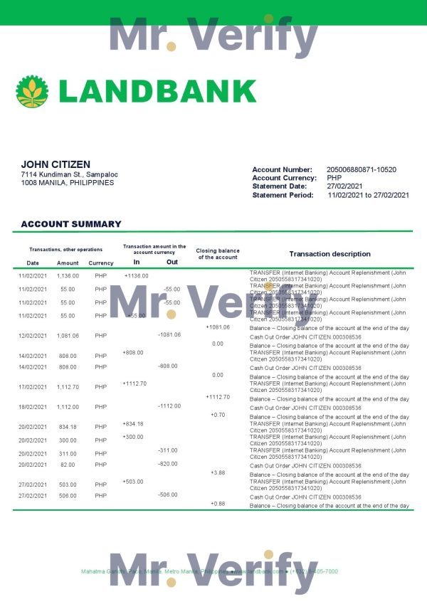 Philippines Land Bank of the Philippines proof of address bank statement template in Word and PDF format