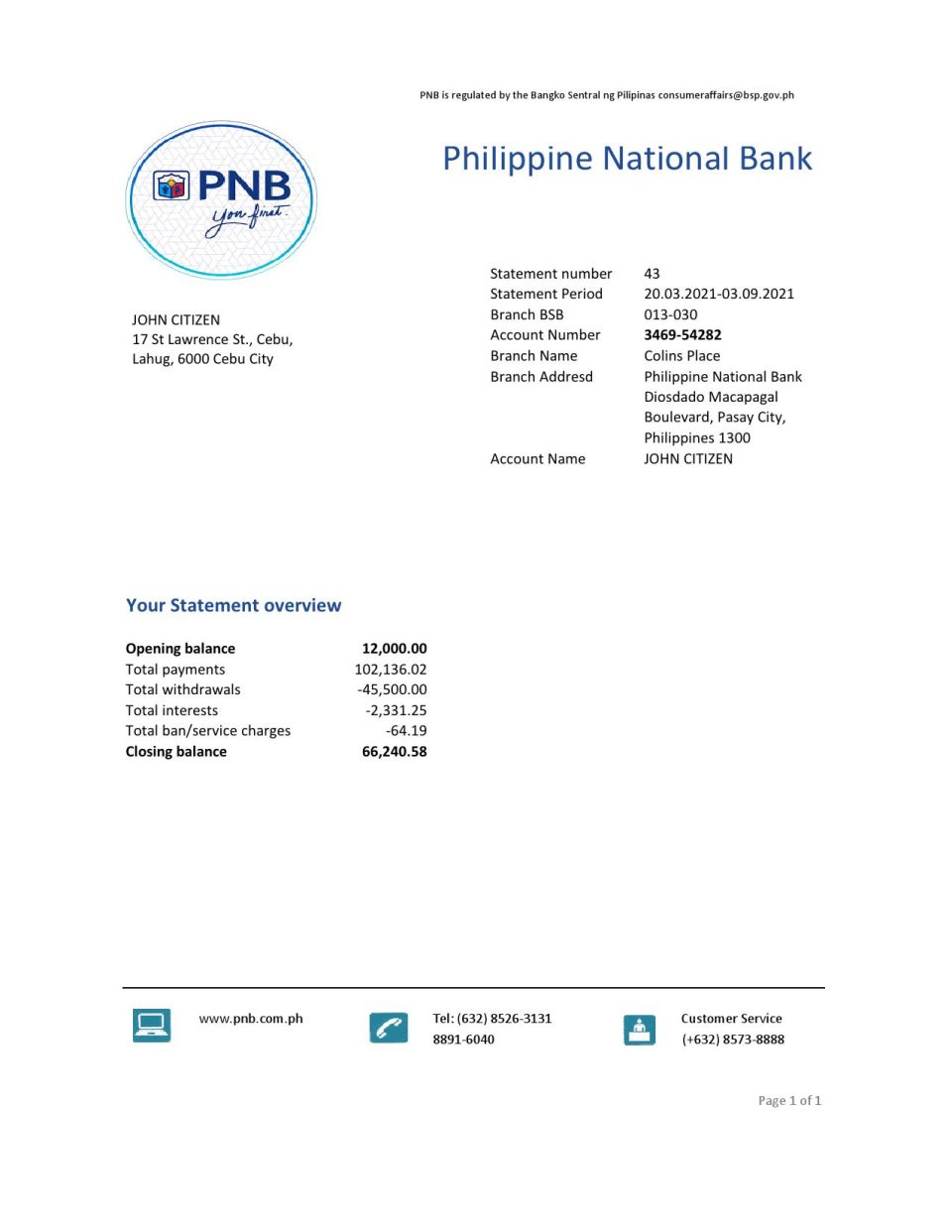 Philippines National Bank (PNB) proof of address bank statement template in Excel and PDF format
