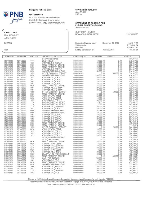 Philippines PNB bank statement template in Word and PDF format (4 pages)