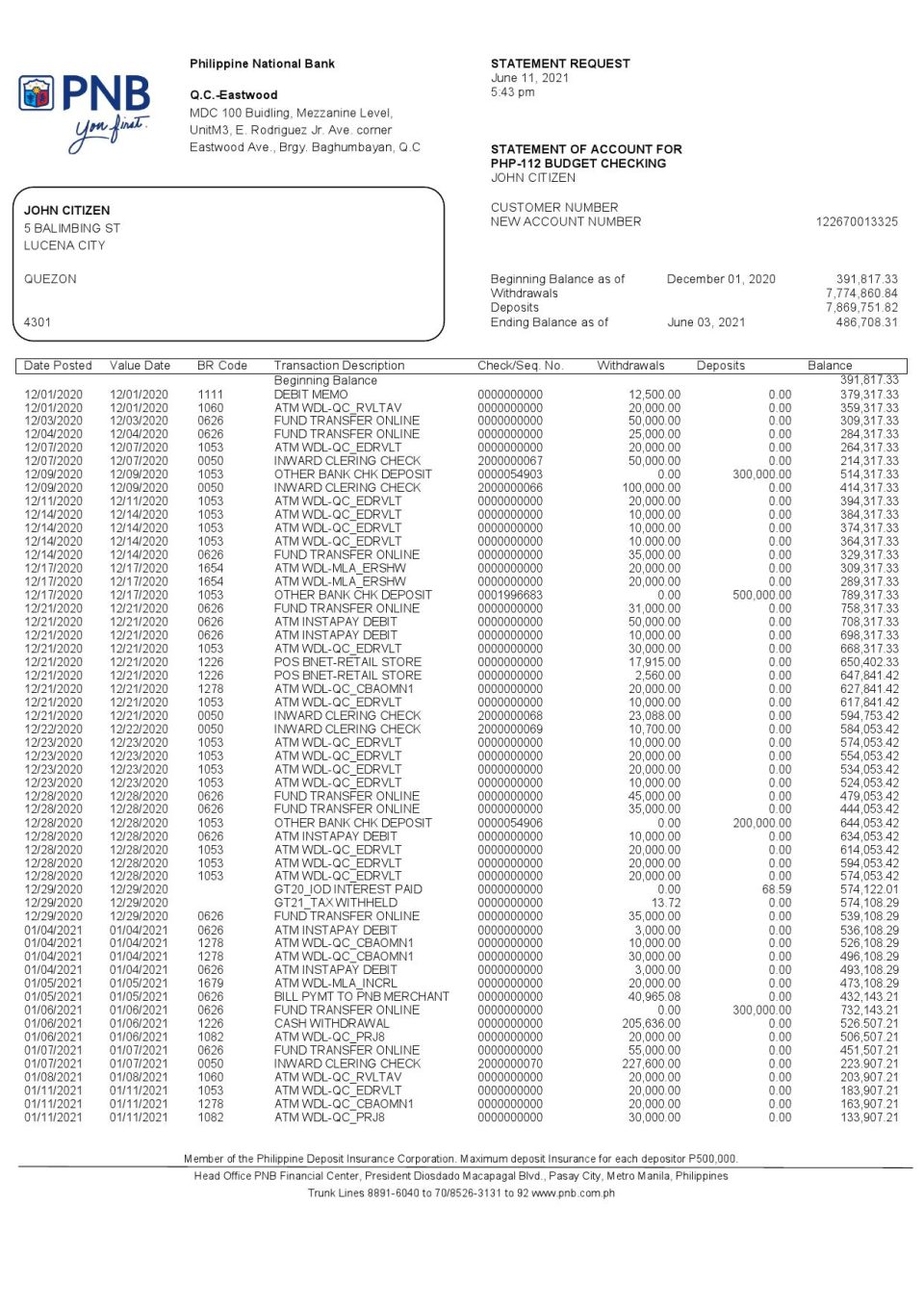 Philippines PNB bank statement template in Word and PDF format (4 pages)