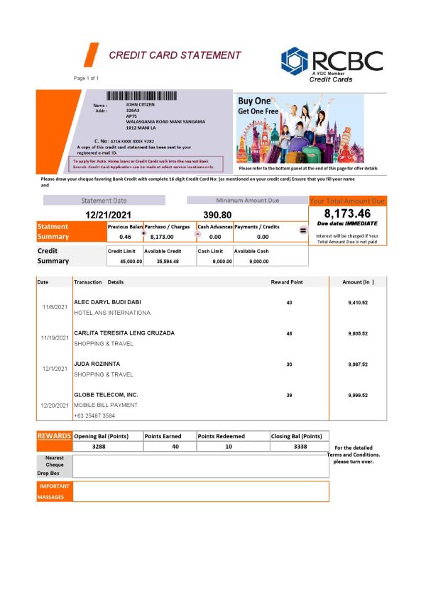 Philippines Rizal Commercial Banking Corporation RCBC credit card statement template in .xls and .pdf file format 600x849 - Cart