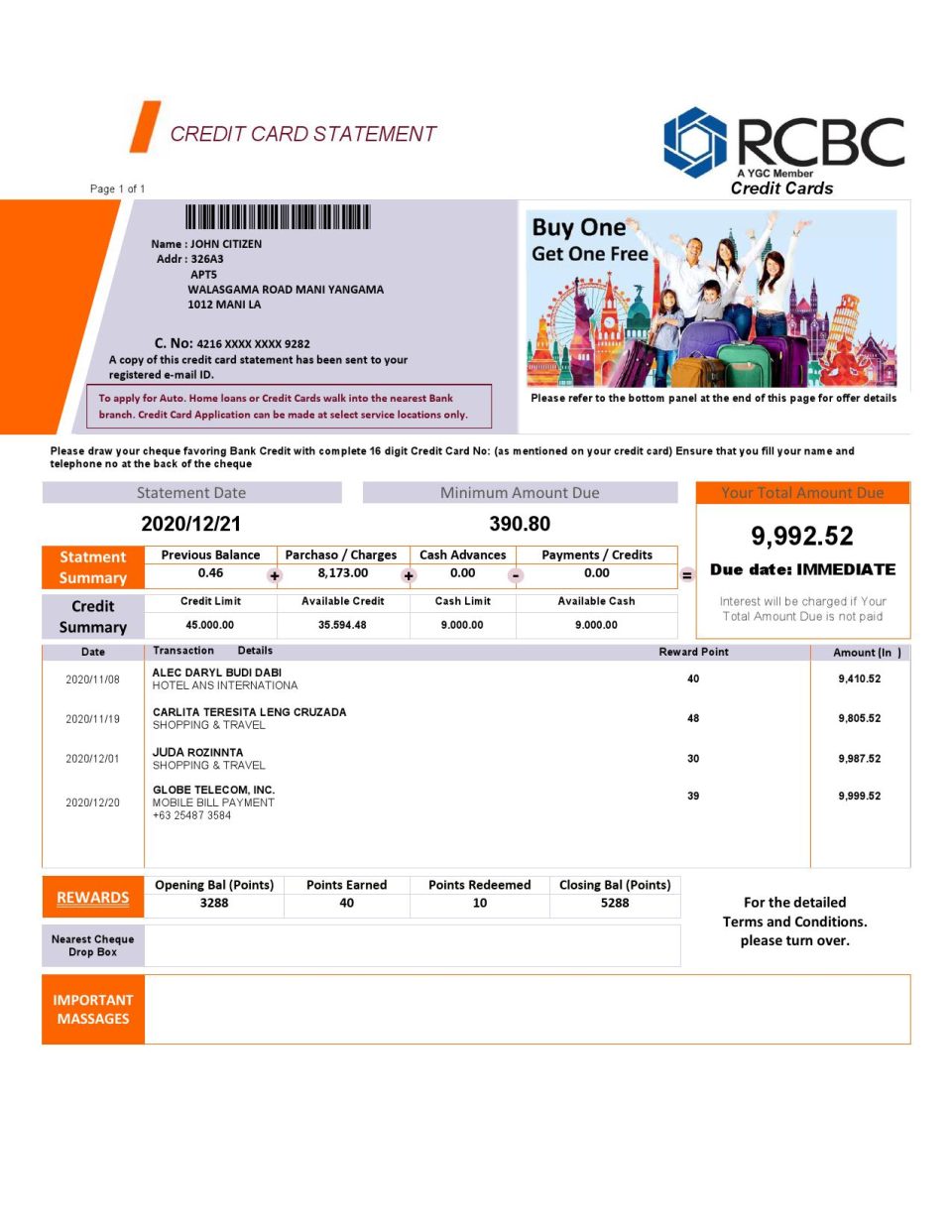 Philippines Rizal Commercial Banking Corporation (RCBC) credit card statement template in Word and PDF format