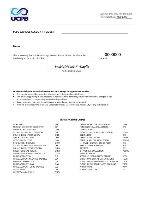 Philippines The United Coconut Planters Bank (UCPB) passbook template in Word and PDF format