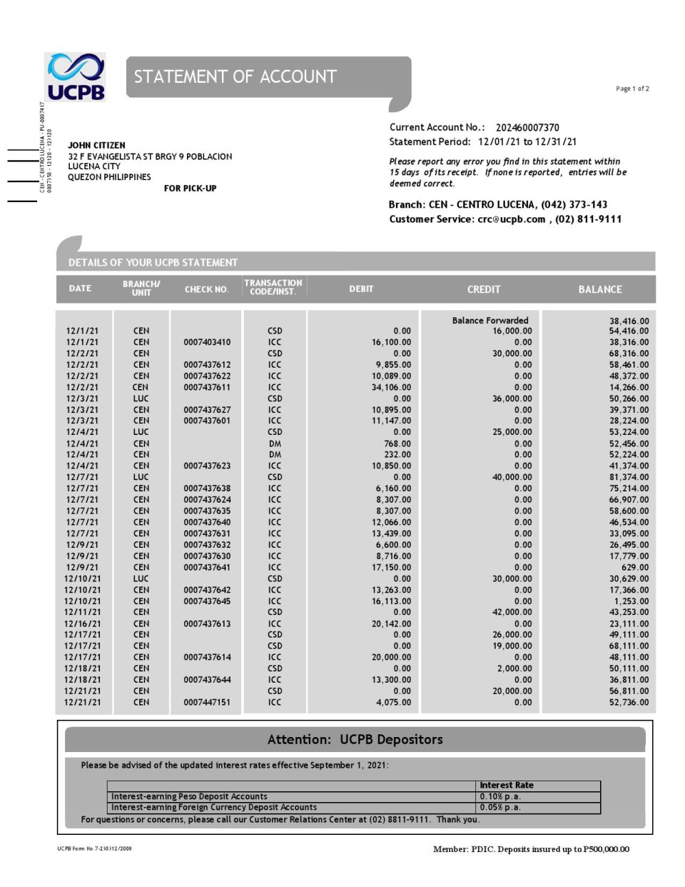 Philippines UCPB bank statement of account template in Word and PDF format