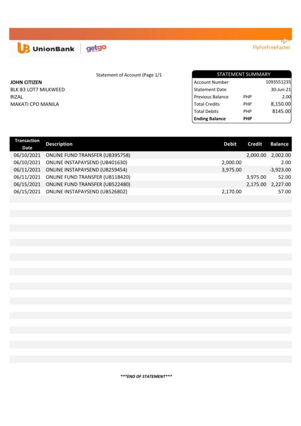 Philippines Unionbank bank statement template in Excel and PDF format