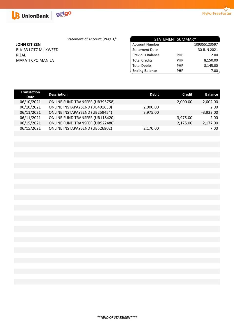 Philippines Unionbank bank statement template in Word and PDF format