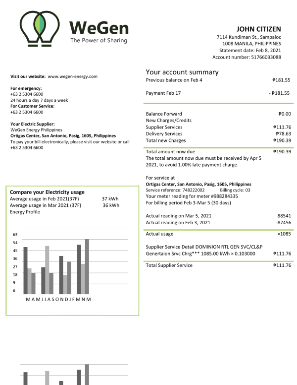 Philippines WeGen Energy Philippines utility bill template in Word and PDF format