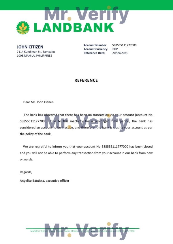 Philippines Landbank bank account closure reference letter template in Word and PDF format