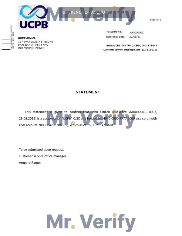 Philippines UCPB bank account closure reference letter template in Word and PDF format