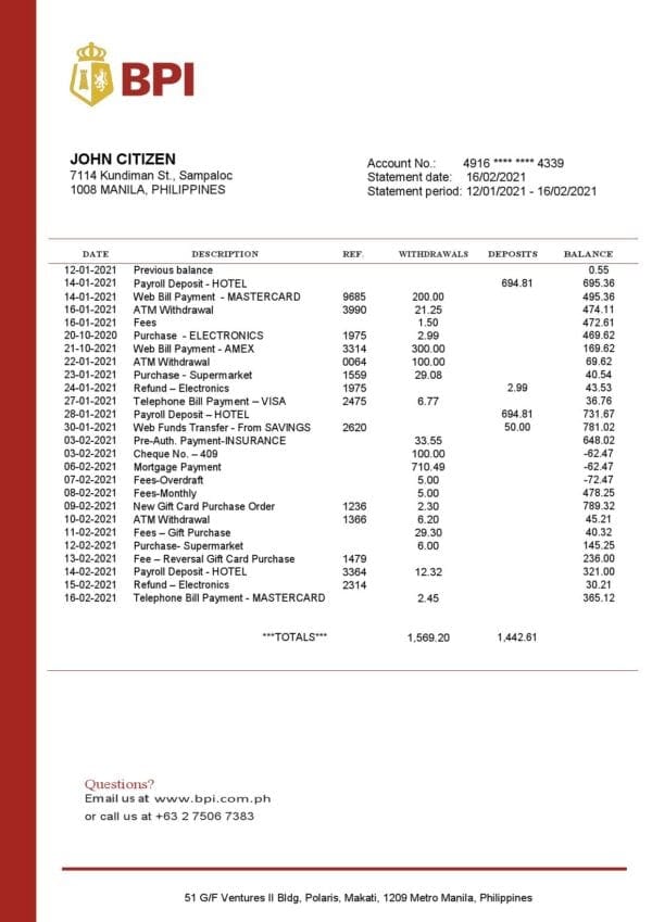 Philippines Bank of the Philippine Islands proof of address bank statement template in Word and PDF format