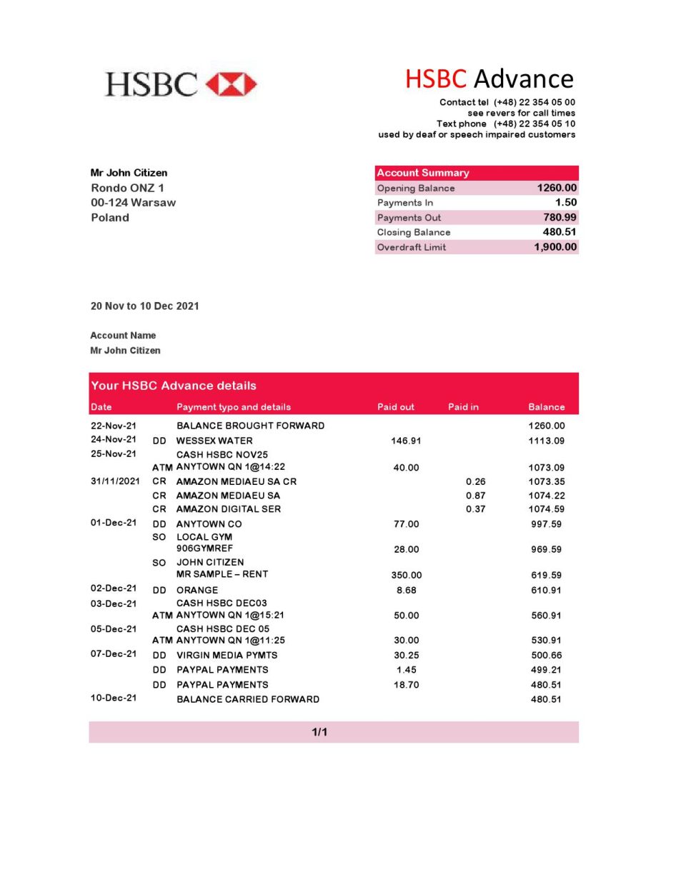 Poland HSBC bank statement easy to fill template in .xls and .pdf file format