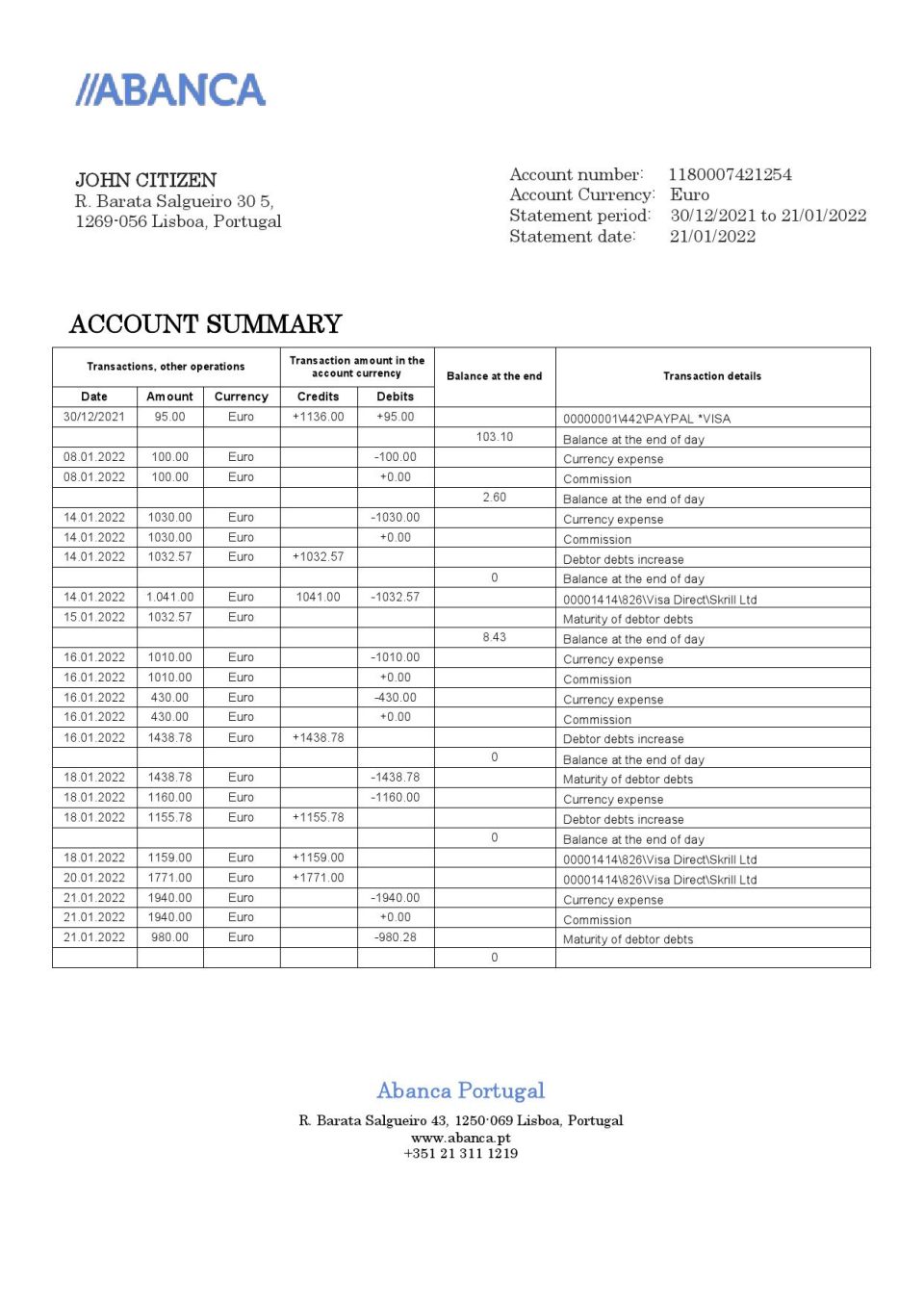 Portugal Abanca bank statement in Word and PDF format