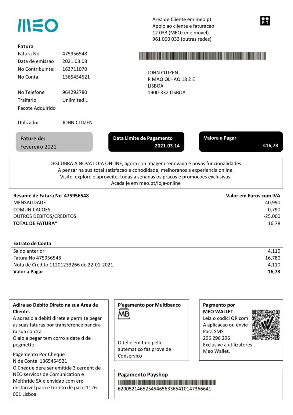 Portugal MEO utility bill template in Word and PDF format, fully editable