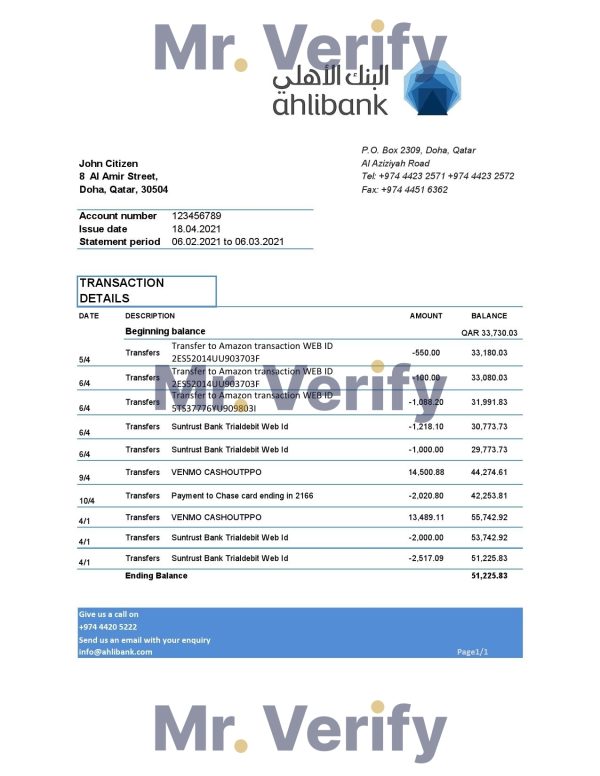 Qatar Ahlibank statement easy to fill template in Excel and PDF format