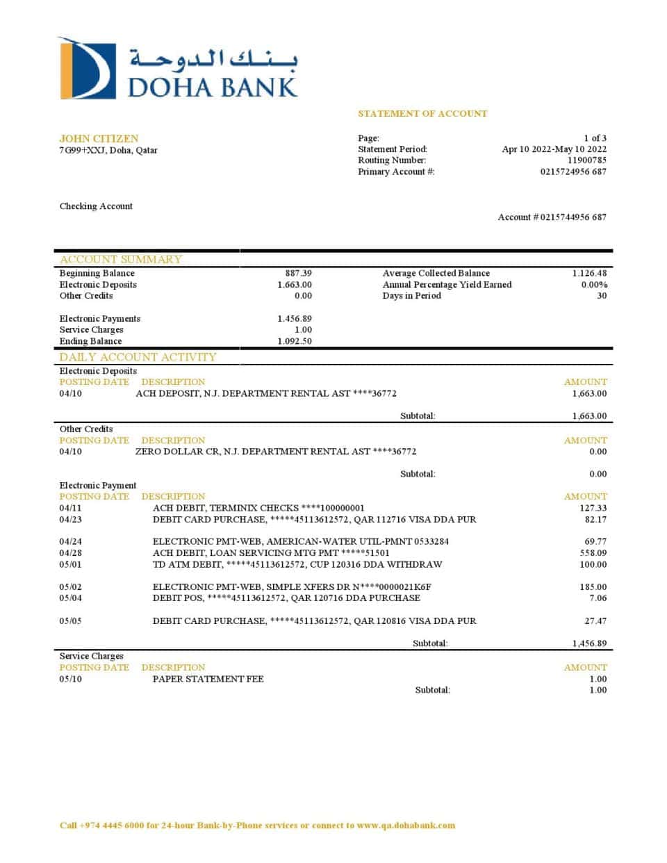 Qatar Doha Bank statement template in Word and PDF format