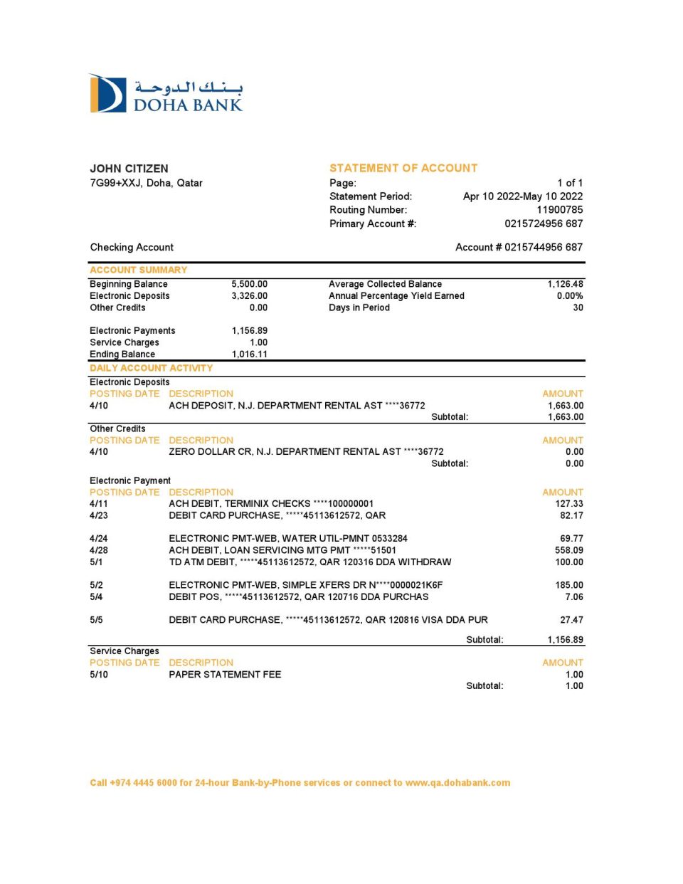 Qatar Doha bank statement, Excel and PDF template
