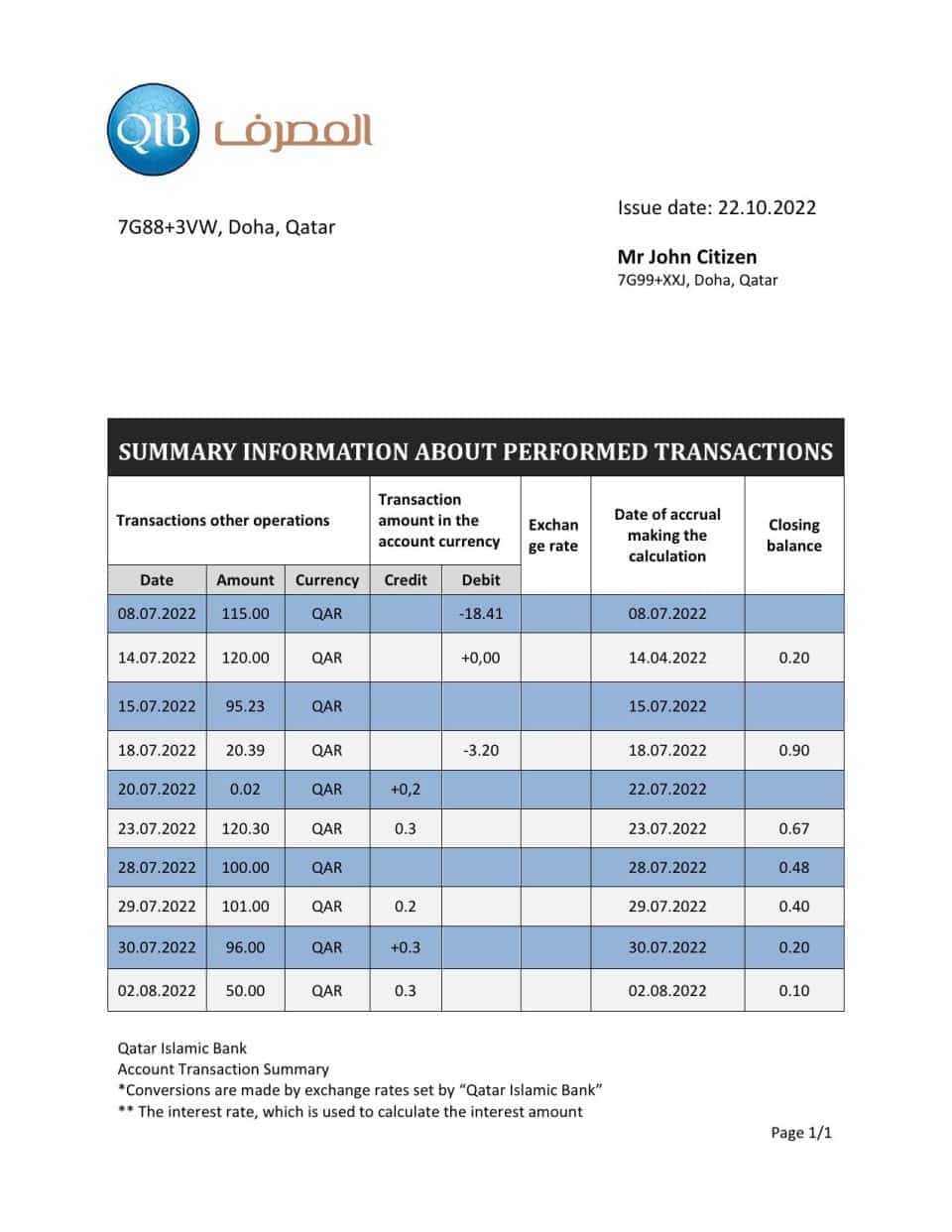 Qatar Qatar Islamic Bank statement template in Word and PDF format