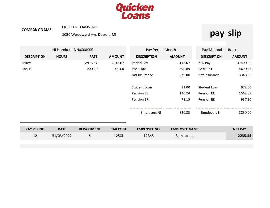 USA Quicken Loans Inc. mortgage loan company pay stub Word and PDF template