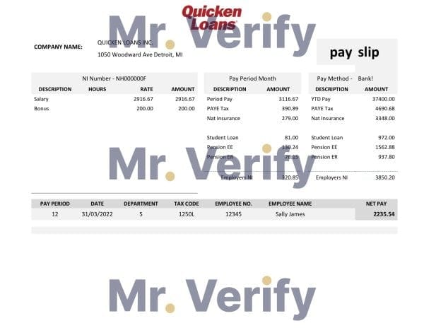 USA Quicken Loans Inc. mortgage loan company pay stub Word and PDF template