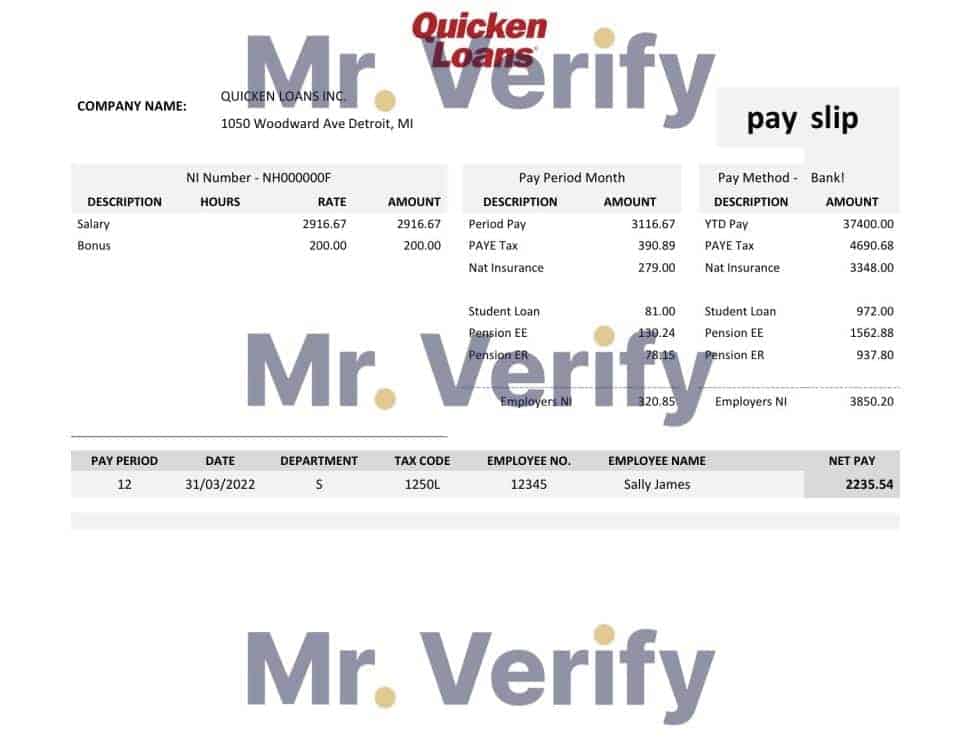 USA Quicken Loans Inc. mortgage loan company pay stub Word and PDF template