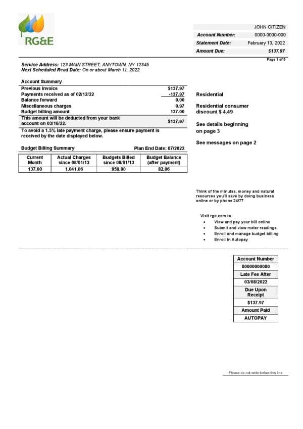 USA RG&E utility bill template in Word and PDF format (5 pages)