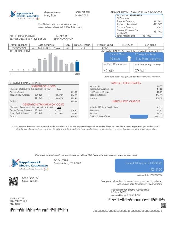 USA Rappahannock Electric Cooperative utility bill template in Word and PDF format