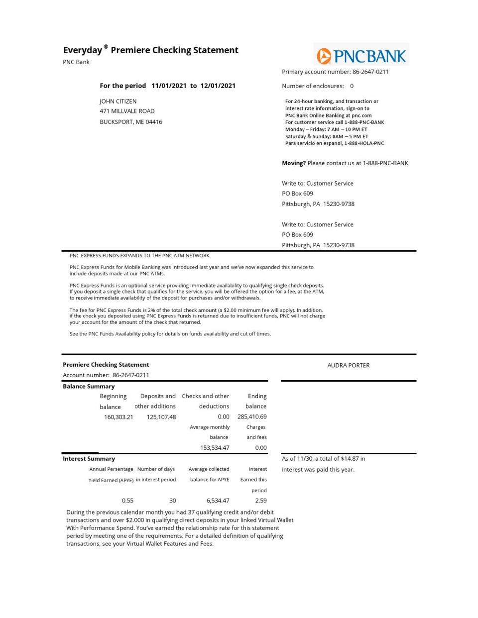 USA PNC bank statement template in .xls and .pdf file format
