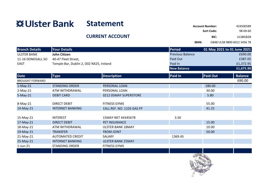 Republic of Ireland Ulster Bank statement easy to fill template in Excel and PDF format