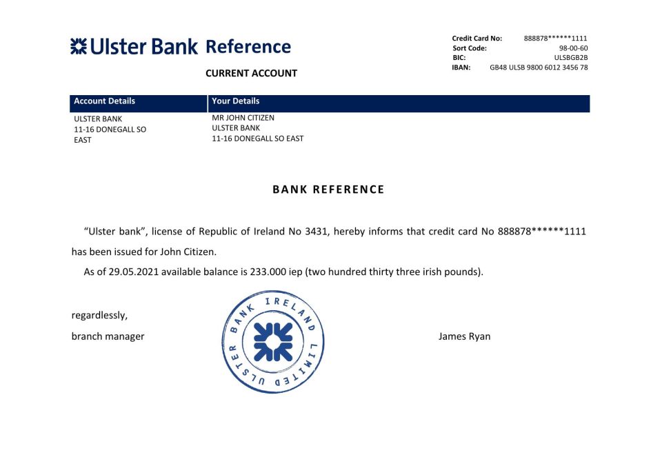 Download Ireland Ulster Bank Reference Letter Templates | Editable Word