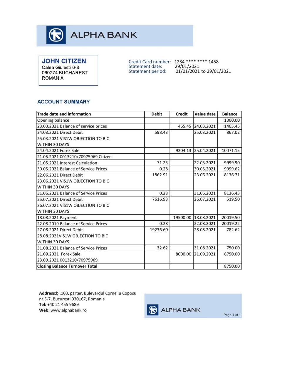 Romania Alpha Bank statement easy to fill template in Excel and PDF format