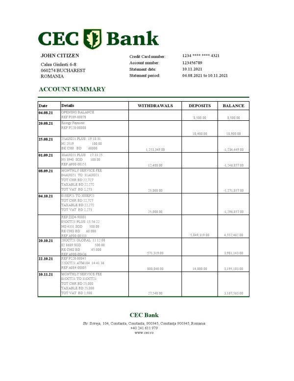Romania CEC Bank statement easy to fill template in Excel and PDF format