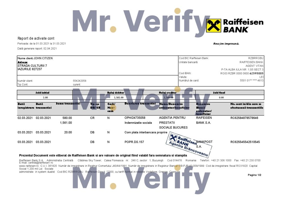 Romania Raiffeisen bank statement template in Excel and PDF format