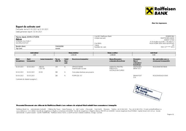Romania Raiffeisen bank statement template in Word and PDF format
