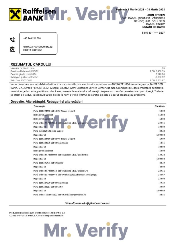 Jamaica National Bank proof of address statement template in Word and PDF format