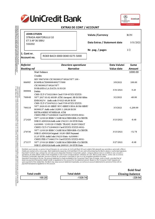 Romania UniCredit Bank statement template in Excel and PDF format 2 pages in Romanian and English languages 1 600x849 - Cart