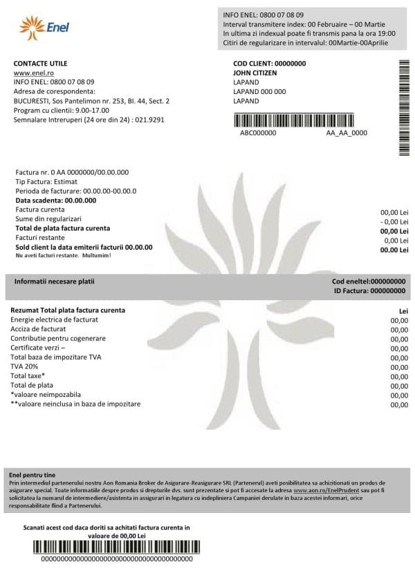 Romania Enel electricity proof of address utility bill template in Word and PDF format (.doc and .pdf)