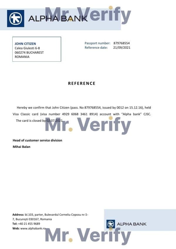 Download Romania Alpha Bank Reference Letter Templates | Editable Word