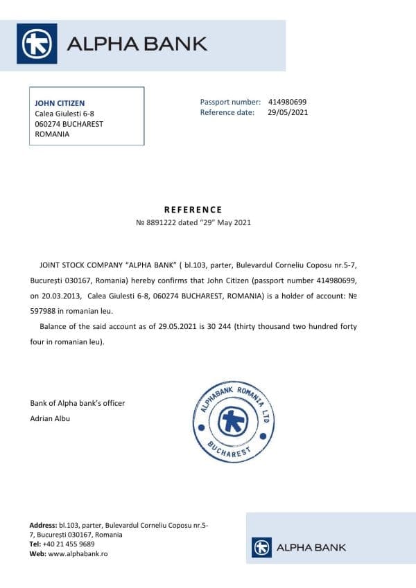 Download Romania Alpha Bank Reference Letter Templates | Editable Word