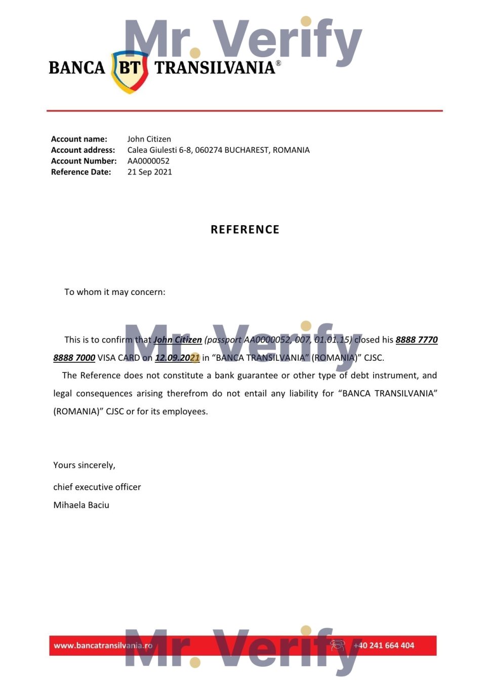 Download Romania Banca Transilvania Bank Reference Letter Templates | Editable Word