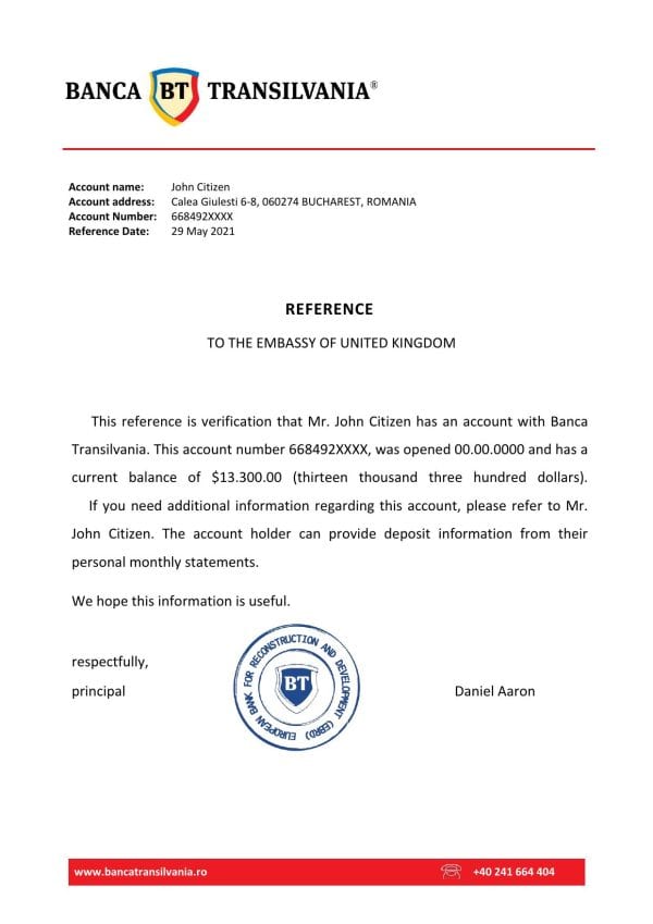 Download Romania Banca Transilvania Bank Reference Letter Templates | Editable Word