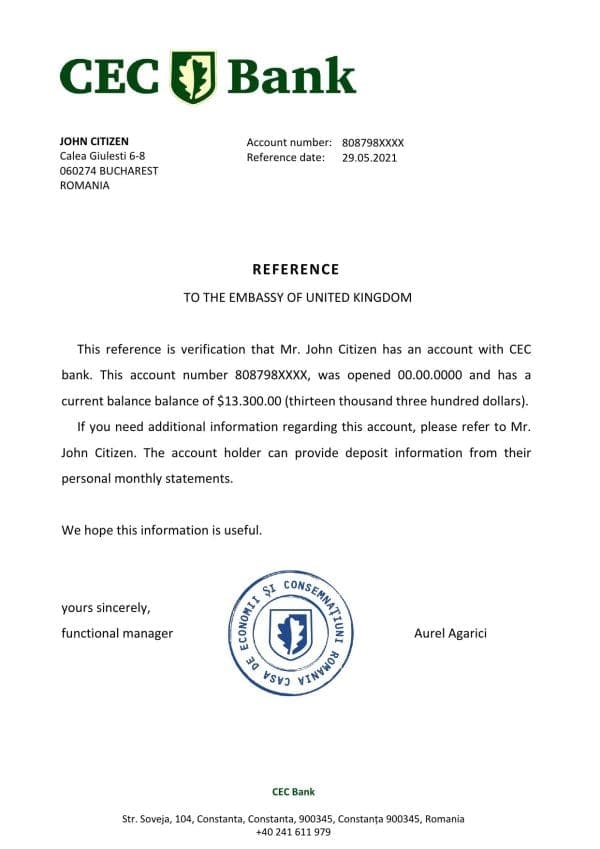 Download Romania CEC Bank Reference Letter Templates | Editable Word