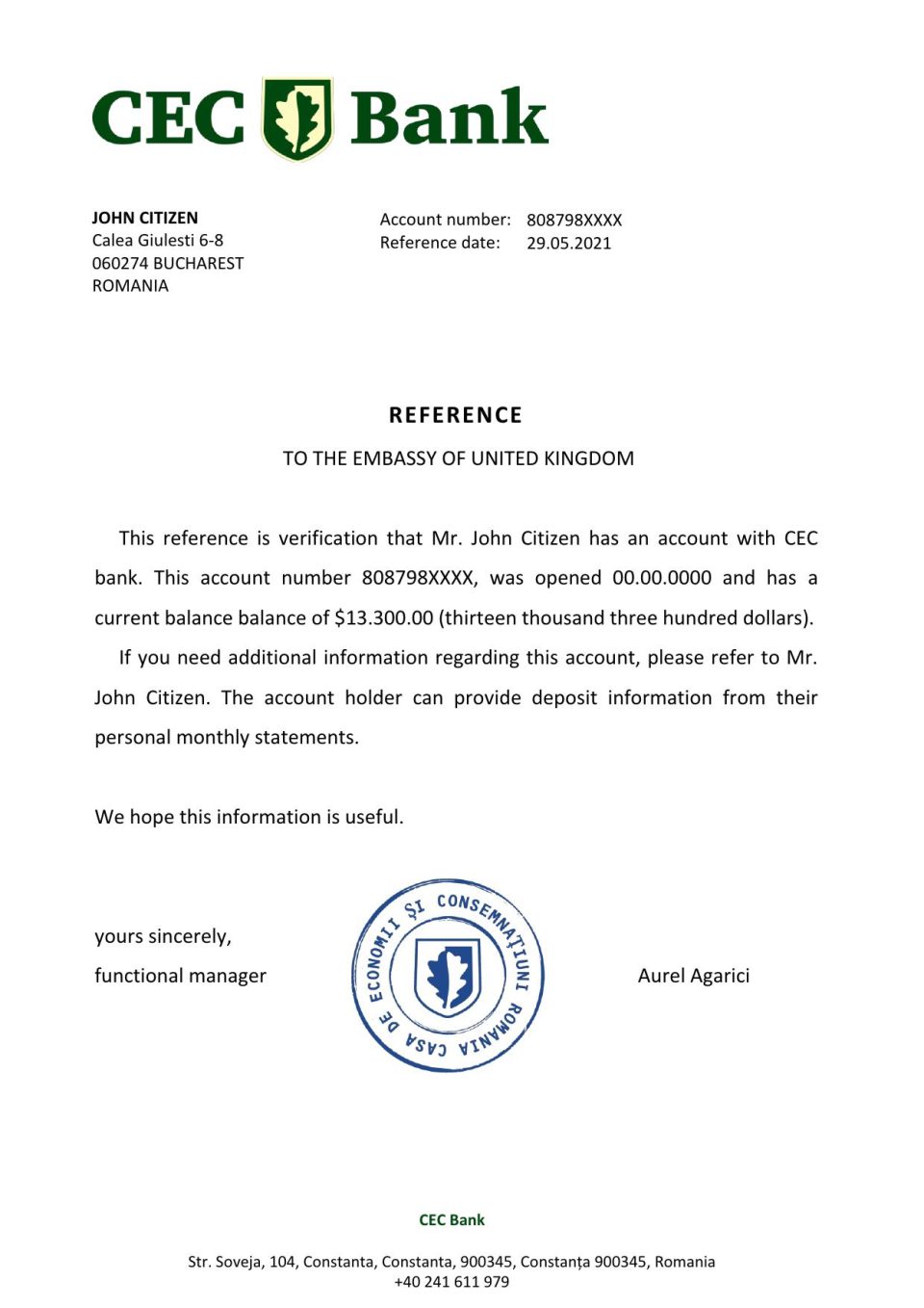 Download Romania CEC Bank Reference Letter Templates | Editable Word