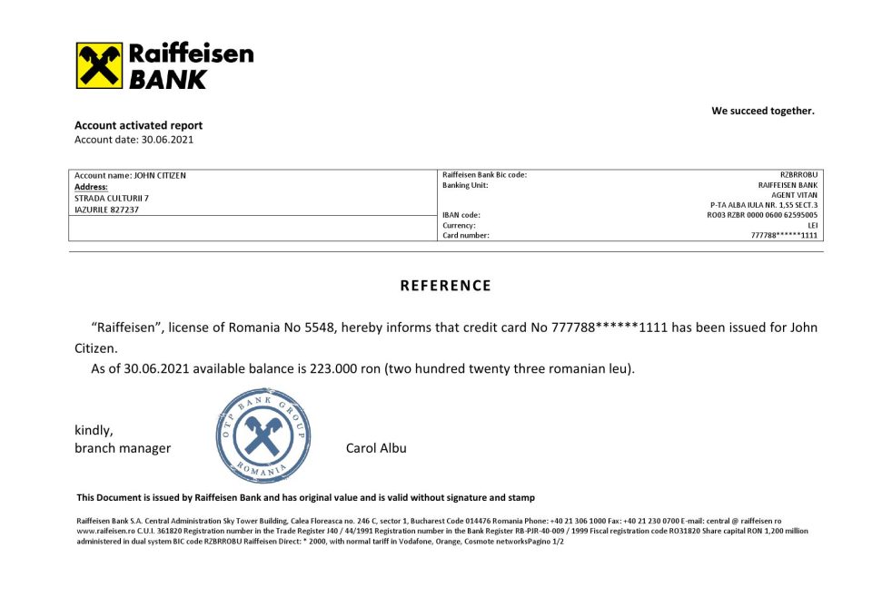 Download Romania Raiffeisen Bank Reference Letter Templates | Editable Word