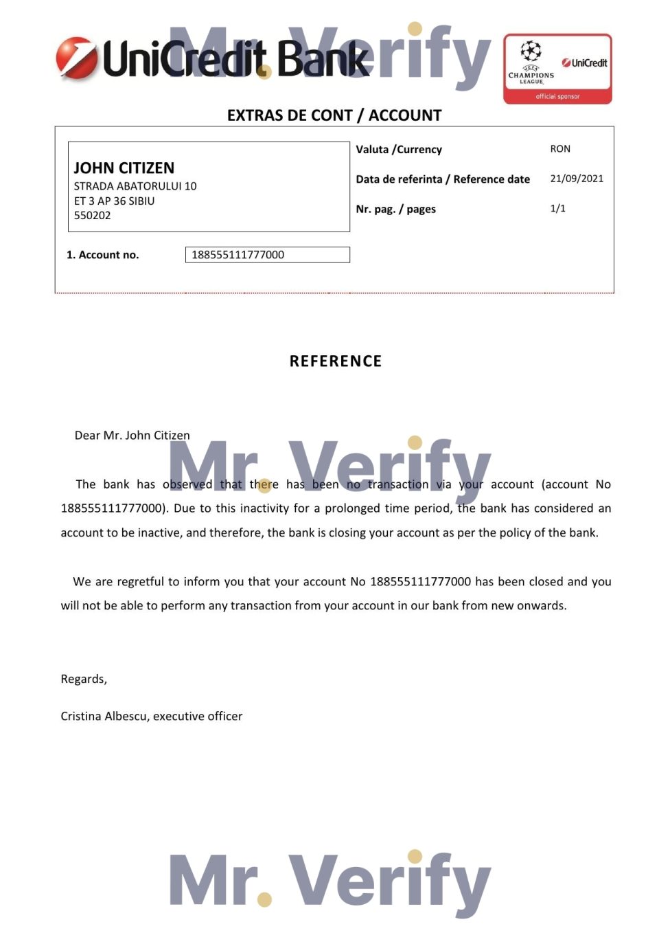 Download Romania UniCredit Bank Reference Letter Templates | Editable Word