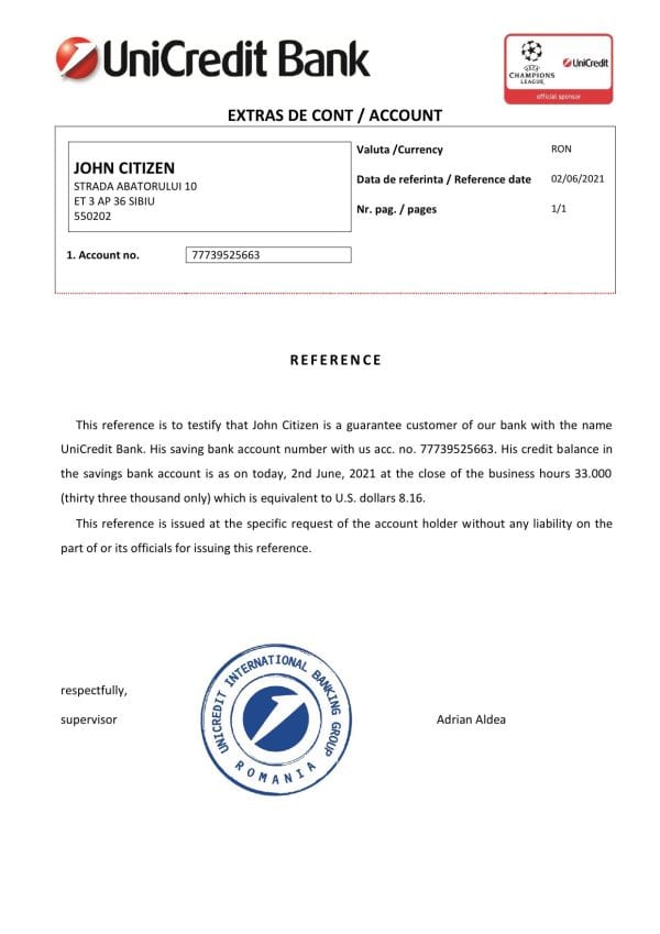 Download Romania UniCredit Bank Reference Letter Templates | Editable Word