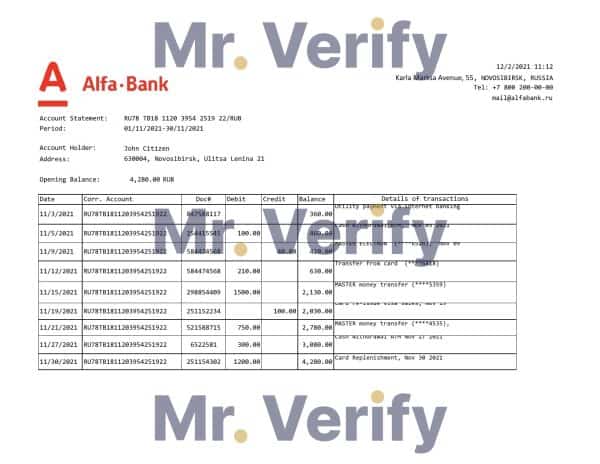 Russia Alfa bank statement easy to fill template in .xls and .pdf file format