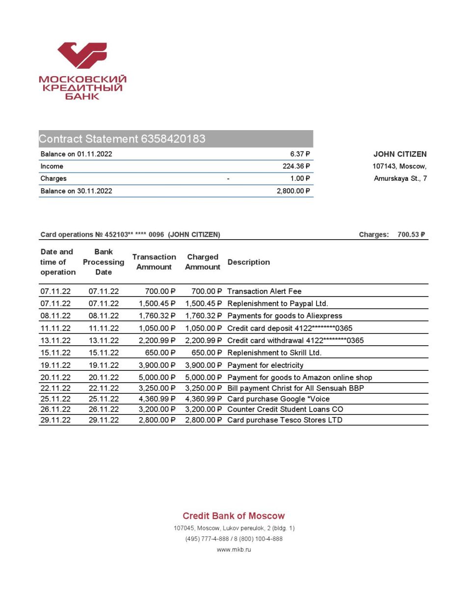 Russia Credit Bank of Moscow bank statement, Excel and PDF template