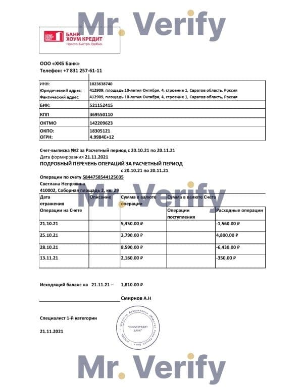 Russia Home Credit bank statement easy to fill template in .xls and .pdf file format